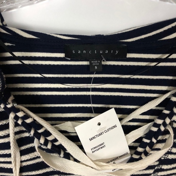 Sanctuary Textured Stripe Hoodie Small NWT Navy Cream Lace-Up Pullover - Picture 6 of 7